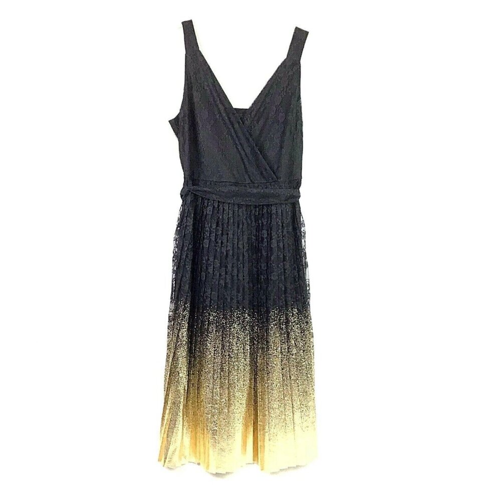 Worthington 10 Black Lace Gold Hem Dress VNeck Sleeveless Zip Side Cocktail NWT